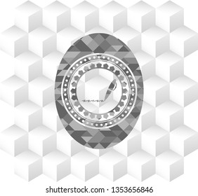 writer icon inside grey emblem with geometric cube white background