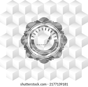 writer icon inside grey emblem with geometric cube white background. 