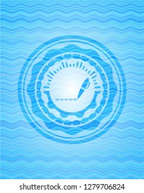 writer icon inside light blue water wave badge background.