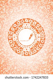 writer icon inside orange mosaic emblem with background. 