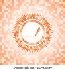 writer icon inside orange tile background illustration. Square geometric mosaic seamless pattern with emblem inside.