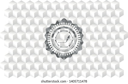 writer icon inside realistic grey emblem with geometric cube white background