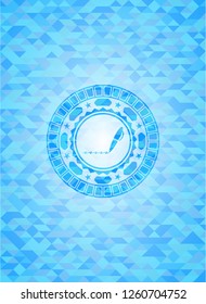 writer icon inside realistic light blue emblem. Mosaic background