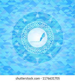 writer icon inside realistic sky blue emblem. Mosaic background
