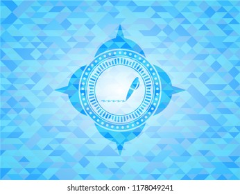 writer icon inside realistic sky blue mosaic emblem