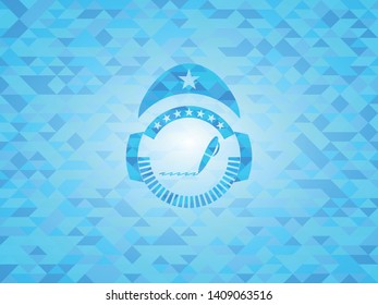 writer icon inside realistic sky blue emblem. Mosaic background