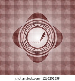 writer icon inside red emblem with geometric pattern background. Seamless.