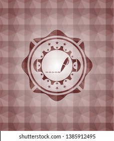 writer icon inside red emblem with geometric pattern background. Seamless.