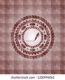 writer icon inside red seamless emblem or badge with abstract geometric polygonal pattern background.