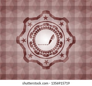 writer icon inside red seamless emblem or badge with abstract geometric pattern background.