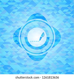 writer icon inside sky blue emblem with triangle mosaic background