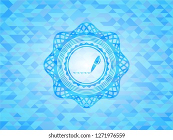 writer icon inside sky blue emblem. Mosaic background