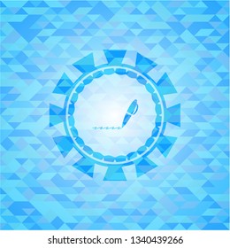 writer icon inside sky blue emblem with triangle mosaic background