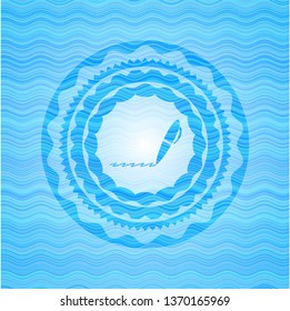 writer icon inside sky blue water wave emblem.