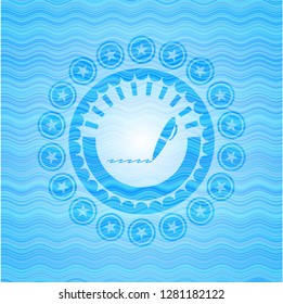 writer icon inside water wave representation badge background.