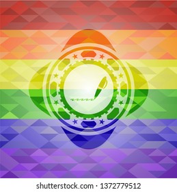 writer icon on mosaic background with the colors of the LGBT flag