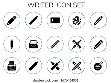 writer icon set. 15 filled writer icons. Included Pencil, Typewriter, Type, Cervantes, Pencils, Writer icons