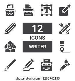 Writer Icon Set. Collection Of 12 Filled Writer Icons Included Pencil, Typewriter, Ink Pen, Shakespeare, Text Editor