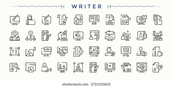 Conjunto de ícones do Writer. Conjunto de ícones da linha de conteúdo. Pacote de ícones da Web. Conteúdo, autor, caneta, artigo e muito mais. Traçado editável. Ilustração vetorial.