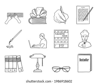 Writer Icon Set. Hand Drawn Doodle Sketch Design. Vector Illustration.
