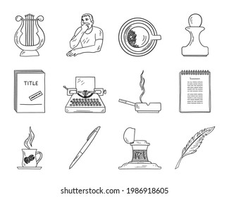 Writer Icon Set. Hand Drawn Doodle Sketch Design. Vector Illustration.