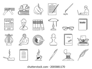 Writer Icon Set. Hand Drawn Doodle Sketch Design. Vector Illustration.