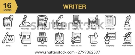 Writer icon set. Includes books, pens, manuscripts, typing, publishing and More. Outline icons vector collection.