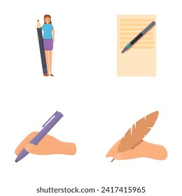 Los iconos del escritor establecen el vector de caricatura. Mujer escribiendo en papel. Creatividad literaria, trabajo