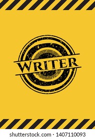 Writer inside warning sign, black grunge emblem. Vector Illustration. Detailed.