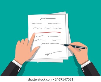 Writer or journalist. Hands of author with pen working on document. Paper draft sheets with text. Vector illustration in flat style