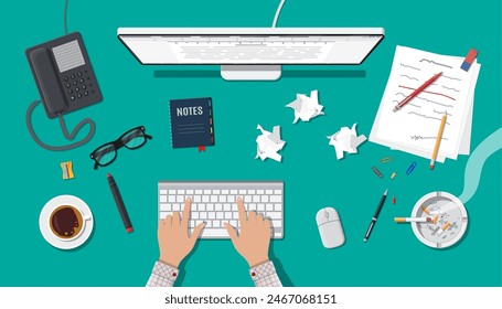 Writer or journalist workplace. Desktop pc, keyboard, mouse. Paper sheets on working table with text, pen, pencil. Ashtray, cigarette, coffee cup. Eyeglasses phone. Vector illustration in flat style