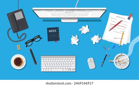 Writer or journalist workplace. Desktop pc, keyboard, mouse. Paper sheets on working table with text, pen, pencil. Ashtray, cigarette, coffee cup. Eyeglasses phone. Vector illustration in flat style