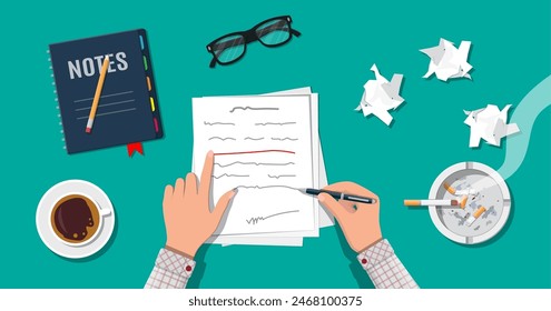 Writer or journalist workplace. Hands of author with pen working on document. Paper draft sheets with text, pencil. Ashtray, cigarette, coffee cup. Eyeglasses. Vector illustration in flat style