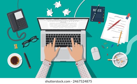 Writer or journalist workplace. Laptop pc, draft, mouse. Paper sheets on working table with text, pen, pencil. Ashtray, cigarette, coffee cup. Eyeglasses phone. Vector illustration in flat style