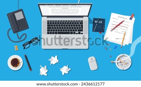 Writer or journalist workplace. Laptop pc, draft, mouse. Paper sheets on working table with text, pen, pencil. Ashtray, cigarette, coffee cup. Eyeglasses phone. Vector illustration in flat style