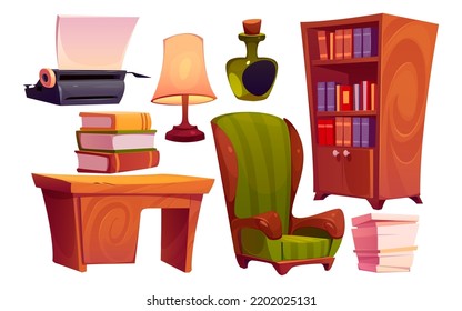 Writer or journalist workplace with vintage typewriter, wooden table, chair, bookcase and paper sheets stack. Editor or story author office furniture, books, lamp and bottle, vector cartoon set