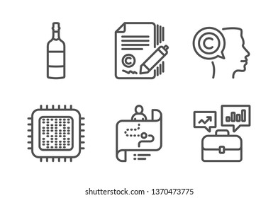 Writer, Journey path and Brandy bottle icons simple set. Copywriting, Cpu processor and Business portfolio signs. Copyrighter, Project process. Business set. Line writer icon. Editable stroke. Vector