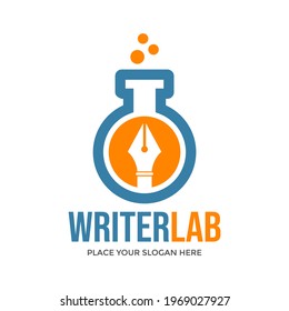 Writer lab vector logo template. This design use lab bottle and pen symbol. Suitable for medical, education and science