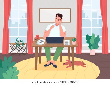 Writer at laptop flat color vector illustration. Freelancer in home office. Editor work process on computer. Blogger writes. Novelist 2D cartoon characters with house interior on background