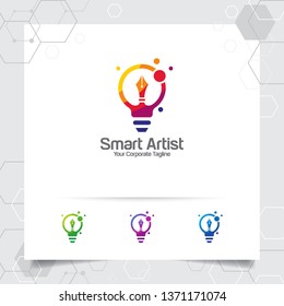 Writer logo bulb idea design concept of pencil icon and colorful lamp vector. Creative idea logo used for studio, professional and agency.