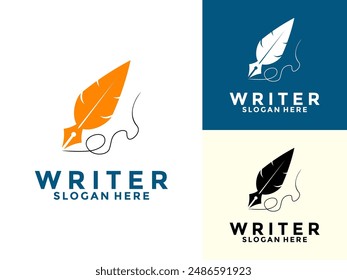 Writer logo design template, Feather with line logo vector