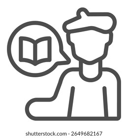 Homem escritor com livro no ícone da linha de bolha popup, conceito do festival do livro. Gráficos vetoriais. Autor do livro, artista conta sinal de história no fundo branco, ícone de estilo de contorno para design móvel ou web