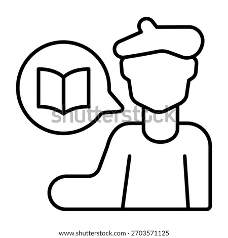 Writer man with book in popup bubble thin line icon, book festival concept. Vector graphics. Book author, artist tells story sign on white background, outline style icon for mobile or web design
