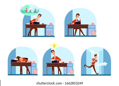 Writer man at work scene set. Story telling, writing process. Male author composing fairy tale or romantic fable. Tired and exhausted, excited and full of idea cartoon character. Vector illustration