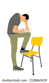 Writer man writes note with pencil in notebook vector illustration isolated on white background. Sportsman personal trainer standing on chair. Journalist catch news quickly on interview. Reading book.