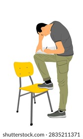 Writer man writes note with pencil in notebook vector illustration isolated on white background. Sportsman personal trainer standing on chair. Journalist catch news quickly on interview. Reading book.
