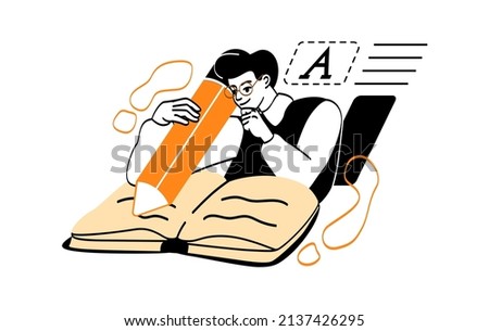 Writer and manuscript. Researching old materials, looking for ideas and inspiration. Guy sitting in front of book. Talented writer at work, editor or proofreader. Cartoon flat vector illustration