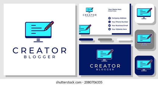 Writer Monitor Pencil Pen Blogger Article Write Education Icon Logo Design with Business Card Template