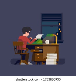 Writer or novelist at work. Flat vector illustration on man at his desk working on a typewriter writing a book or a novel