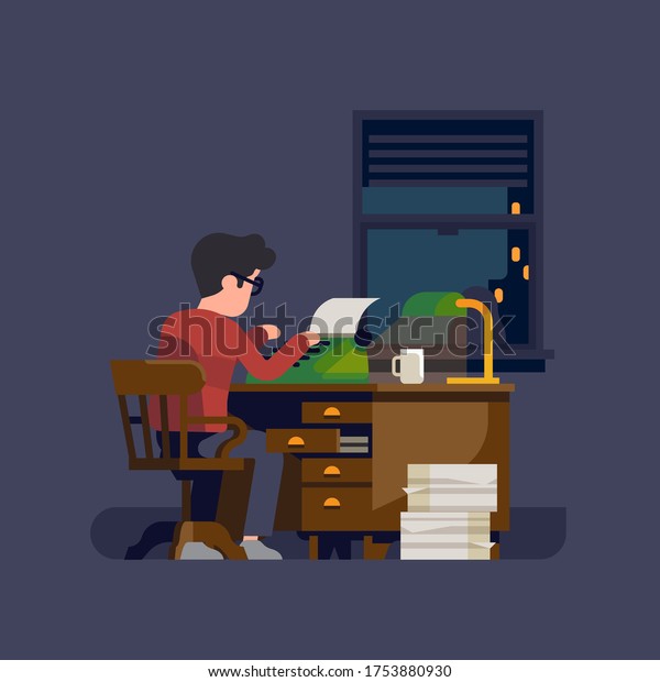 Writer\
or novelist at work. Flat vector illustration on man at his desk\
working on a typewriter writing a book or a\
novel